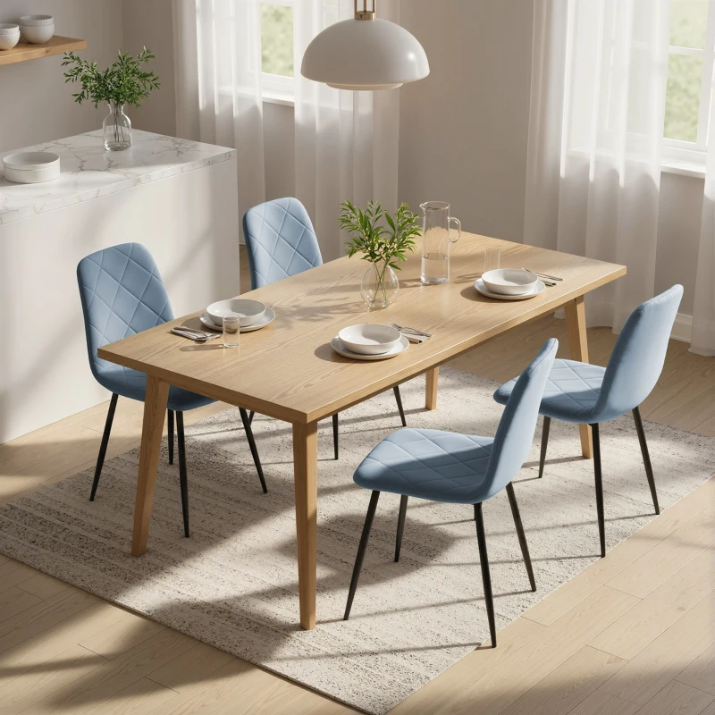 HOMCOM Set 4 Scaune pentru Bucătărie Tapițate, din Material Textil cu Aspect Catifea și Oțel, 45x54x87 cm, Albastru
