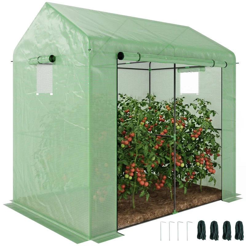 Outsunny Greenhouse, Walk-in Garden Grow House with Roll-up Door and Mesh Windows, 200 x 140 x 200cm, Green
