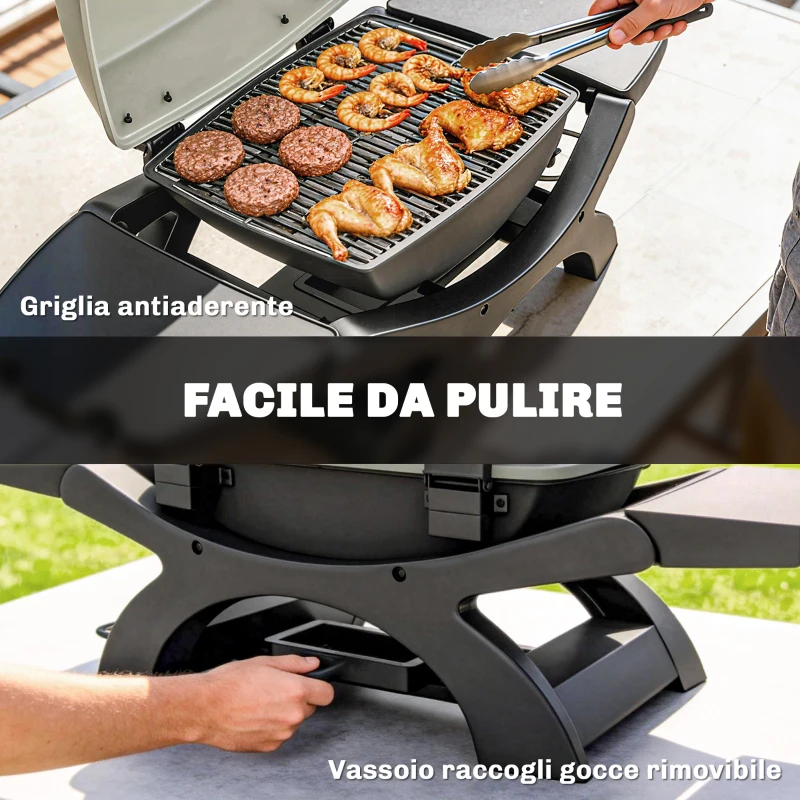 Outsunny barbecue elettrico 2300W, portatile da tavolo con ripiani laterali, colore nero.