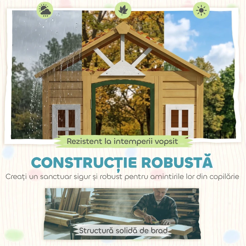 AIYAPLAY Căsuță de Grădină pentru Copii din Lemn de Molid, Căsuță de Exterior cu 3 Ferestre, 2 Jardiniere, Ușă și Acoperiș, pentru Copii 3-8 Ani, Interior și Exterior, 134.5x97x150 cm, Maro