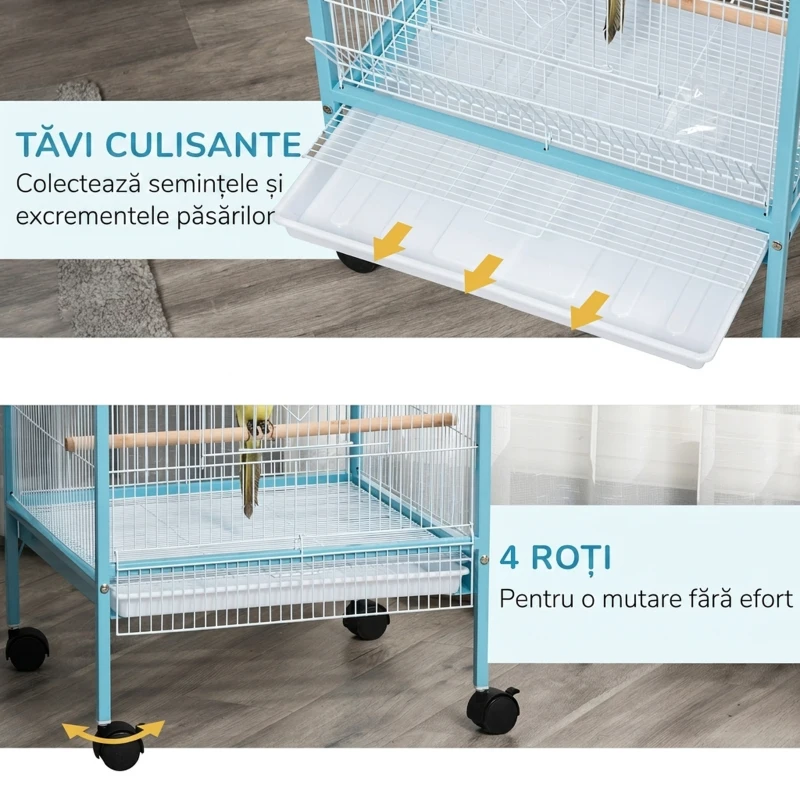 PawHut Colivie pentru Pasari 2 in 1 Voliera pentru Interior cu 4 Roti Pivotante, Tavi Detasabile si Recipiente din plastic, 51,5x50x140cm, Albastra