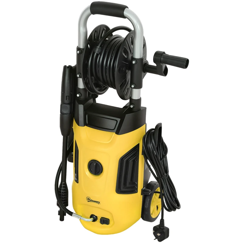 Outsunny 1800W High Pressure Washer, 150 Bar Pressure, 420 L/h Flow, Portable Power Washer Jet Wash Cleaner with Adjustable Nozzle, 6M Hose, Hose Reel, Steel Handle for Home Patio Car Driveway, Yellow