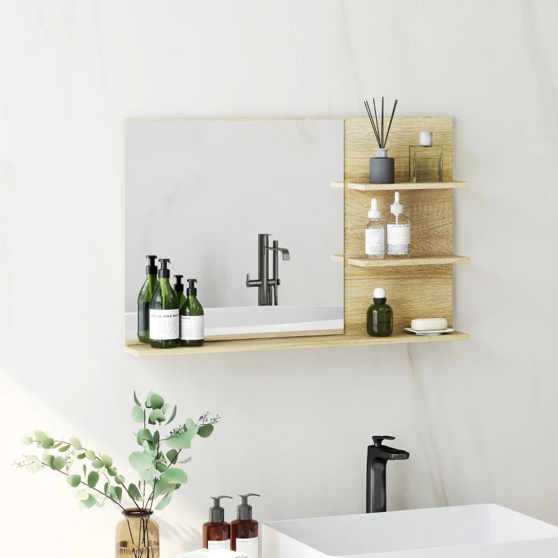 kleankin Oglindă Baie Modernă cu 2 Rafturi Laterale și Raft Inferior, din Lemn și Sticlă, 75 x 10 x 48 cm, Culoare Lemn