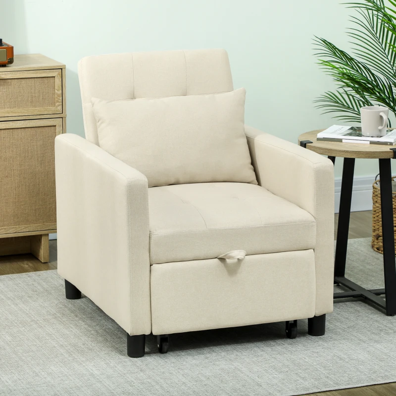 HOMCOM Sofá Cama de 1 Plaza Tapizado en Lino con Respaldo Ajustable de 3 Niveles y Almohada Acolchada 69x82,5x84 cm Beige