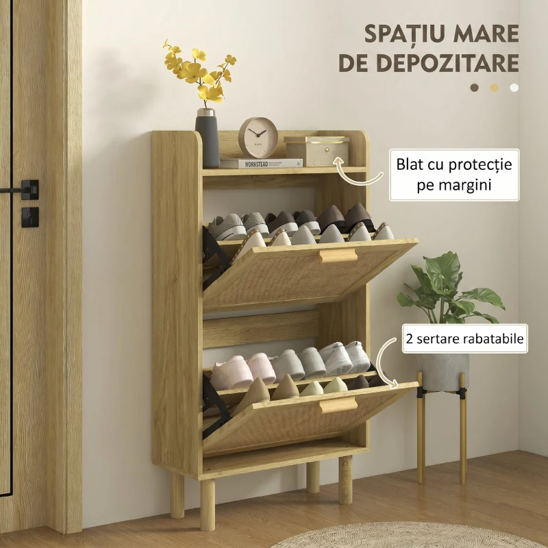 HOMCOM Dulap pentru Pantofi Slim pentru Hol, cu 2 Sertare Rabatabile, Rafturi Reglabile și Blat Superior, Stejar