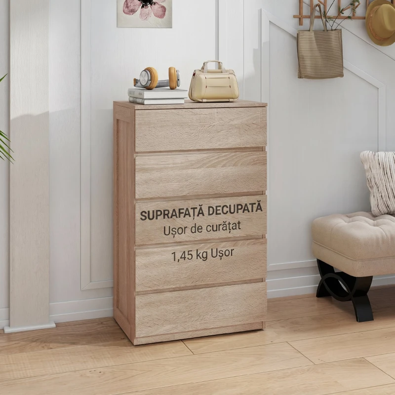 HOMCOM Comodă cu 5 Sertare din Lemn cu Ghidaje Metalice și Mânere Canelate, 60x39x100 cm, Lemn Natural