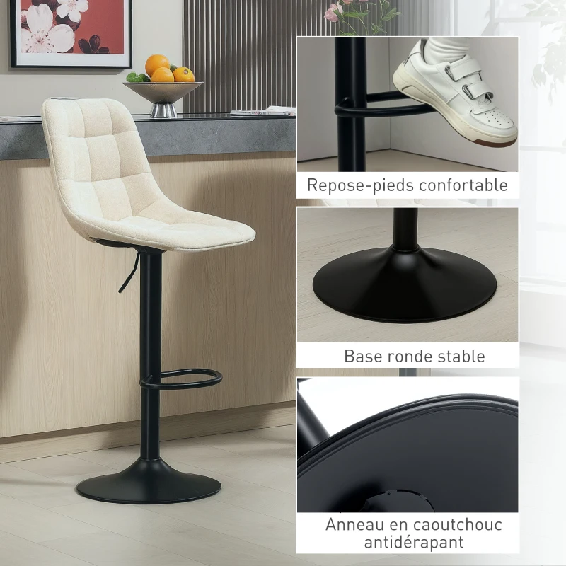 HOMCOM Lot de 2 tabourets de bar, chaises de bar en chenille hauteur réglable avec dossier pivotant 360° 47x48x117,5cm beige