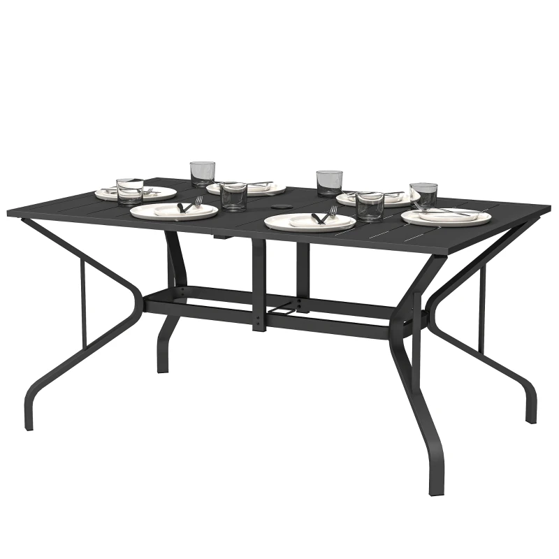 Outsunny Gartentisch Stahl 150x90 cm Wetterfest Balkontisch mit Schirmloch, Lamellen-Design für 6 Personen Schwarz