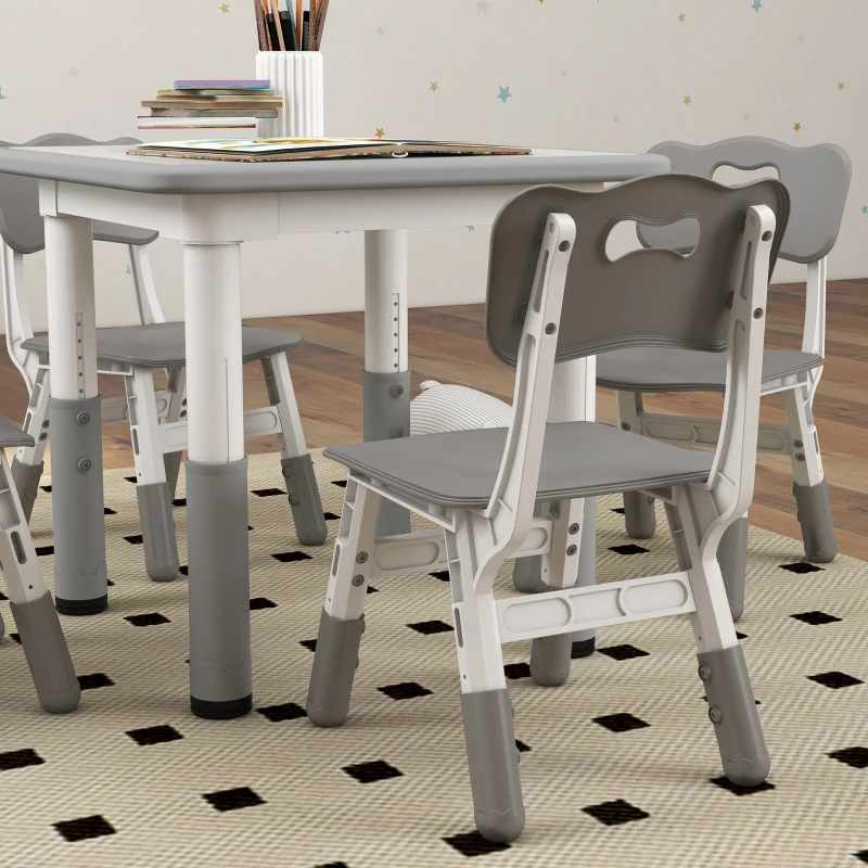 AIYAPLAY Set Masă și Scaune pentru Copii, 5 piese cu 4 Scaune Reglabile 32x36x52.5-56 cm și Masă 60x60x46-58 cm, Gri