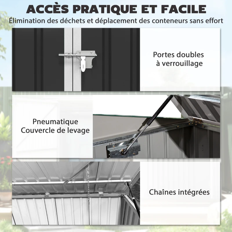 Outsunny Cache Poubelle Double Abri de Jardin 2 Poubelles de 240L Couvercle Lié par Chaînes Vérins à Gaz 179,5x108x129,5cm Gris