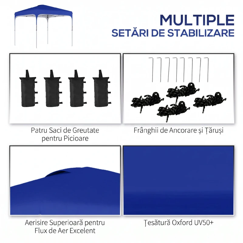 Outsunny Pavilion Pliabil 2.5x2.5 m cu Înălțime Reglabilă, Saci de Nisip și Geantă cu Roți, Albastru