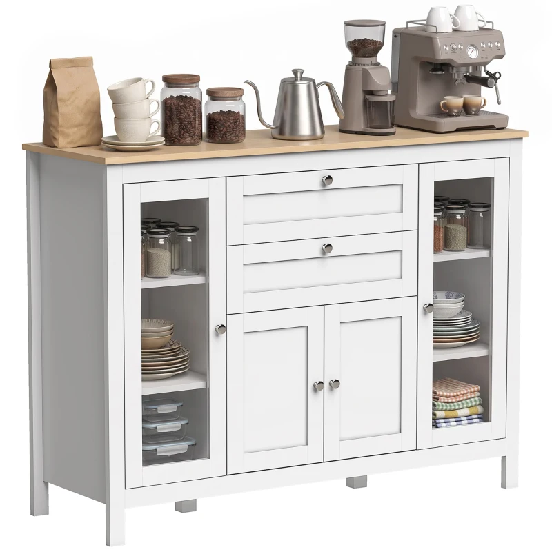 HOMCOM Mobilier de Bucătărie cu 2 Sertare și 3 Dulapuri, Uși din Sticlă și Rafturi Ajustabile, 120x40x90 cm, Alb și Stejar