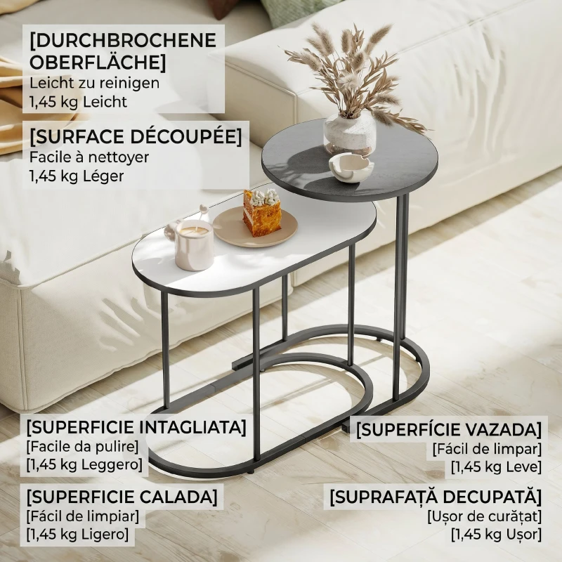 HOMCOM Set 2 Mese de Cafea Suprapozabile cu Cadru din Metal pentru Living și Birou, Gri și Alb