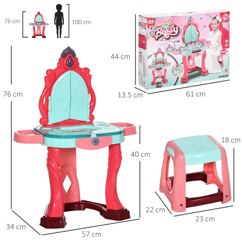 AIYAPLAY Măsuță de toaletă pentru fetițe cu scaun, oglindă, lumini și accesorii, din PP și GPPS, 57x34x76 cm, multicolor