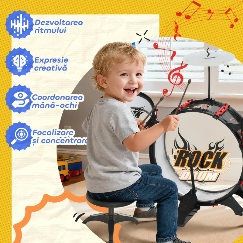 AIYAPLAY Set Tobă pentru Copii cu Scăunel, Joc Muzical pentru Copii 3-6 Ani, Negru