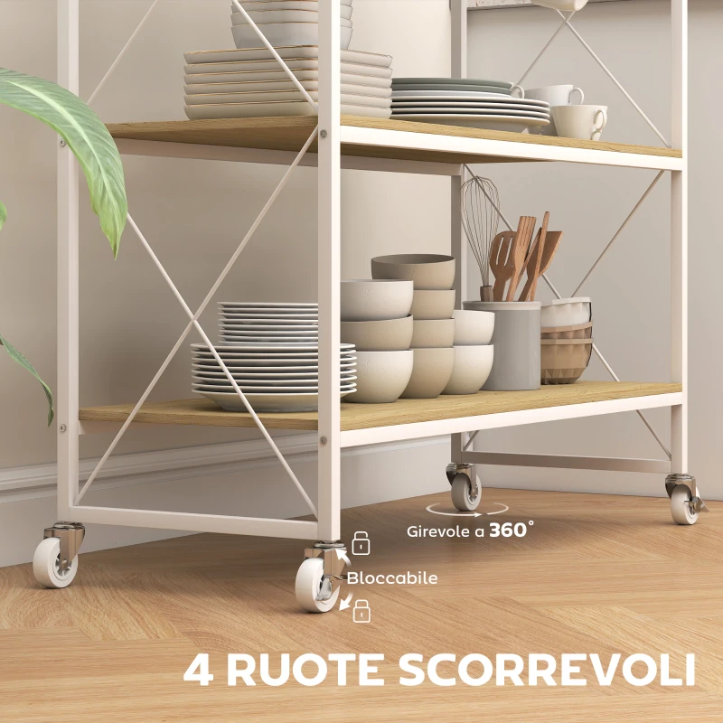 HOMCOM Carrello Portavivande a 4 Livelli con Portabottiglie e 5 Ganci Rimovibili, in Legno e Metallo, 96.5x38x96.7 cm