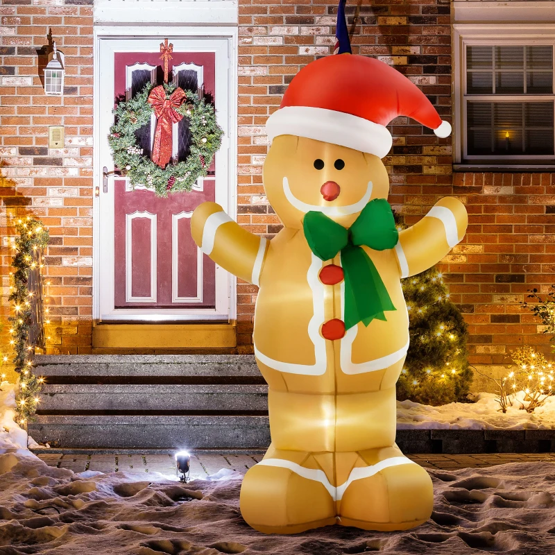 HOMCOM Aufblasbare Weihnachtsdeko 1,83 m Lebkuchenmann mit Schleife, 3 LEDs, internes Gebläse Gartendeko