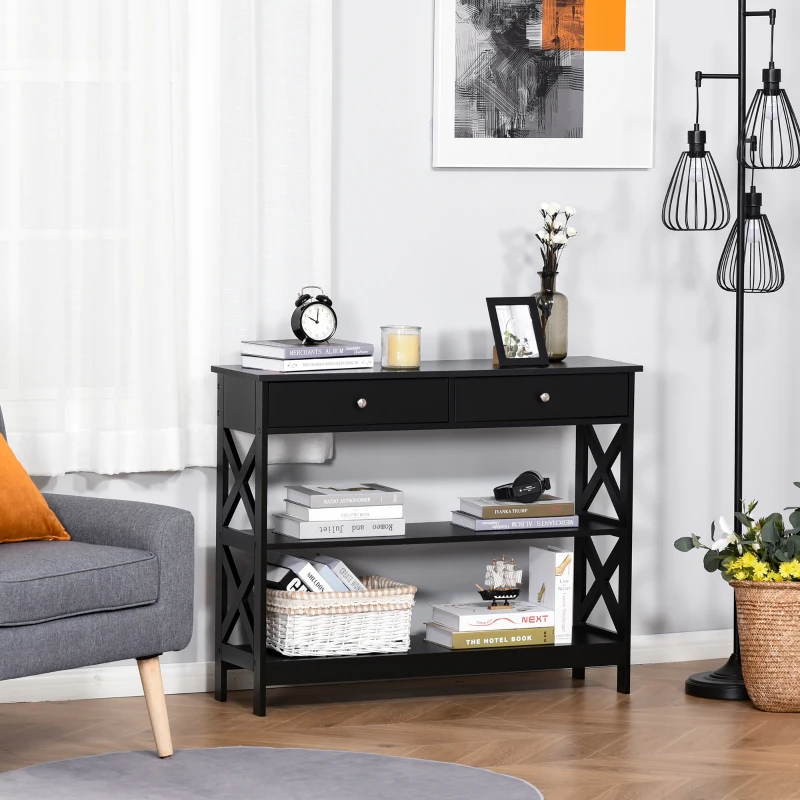 HOMCOM Tavolo Consolle con 2 Cassetti e 2 Mensole, Mobile da Ingresso e Soggiorno in MDF, 100x30.5x80cm, Nero