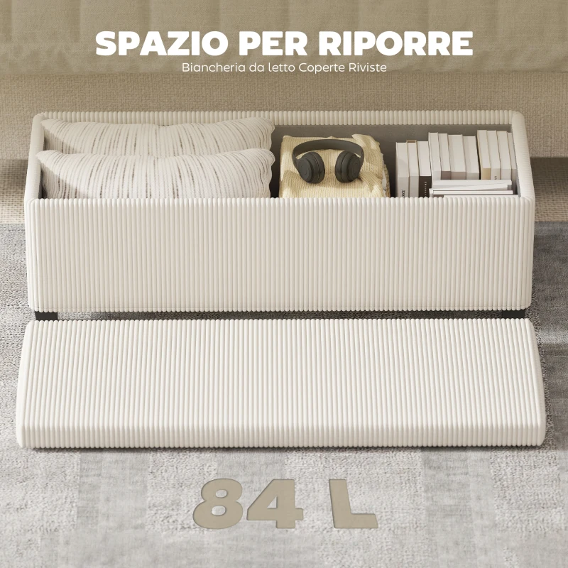 HOMCOM Panca Fondo Letto con Spazio Contenitore da 84L, in Tessuto Effetto Velluto a Coste e Acciaio, 112x42x40 cm, Beige