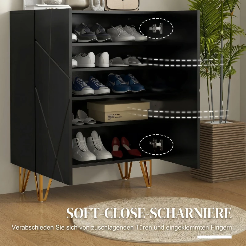 HOMCOM Dulap modern pentru pantofi, pentru 15-20 de perechi de pantofi, cu rafturi reglabile și închidere amortizată, negru