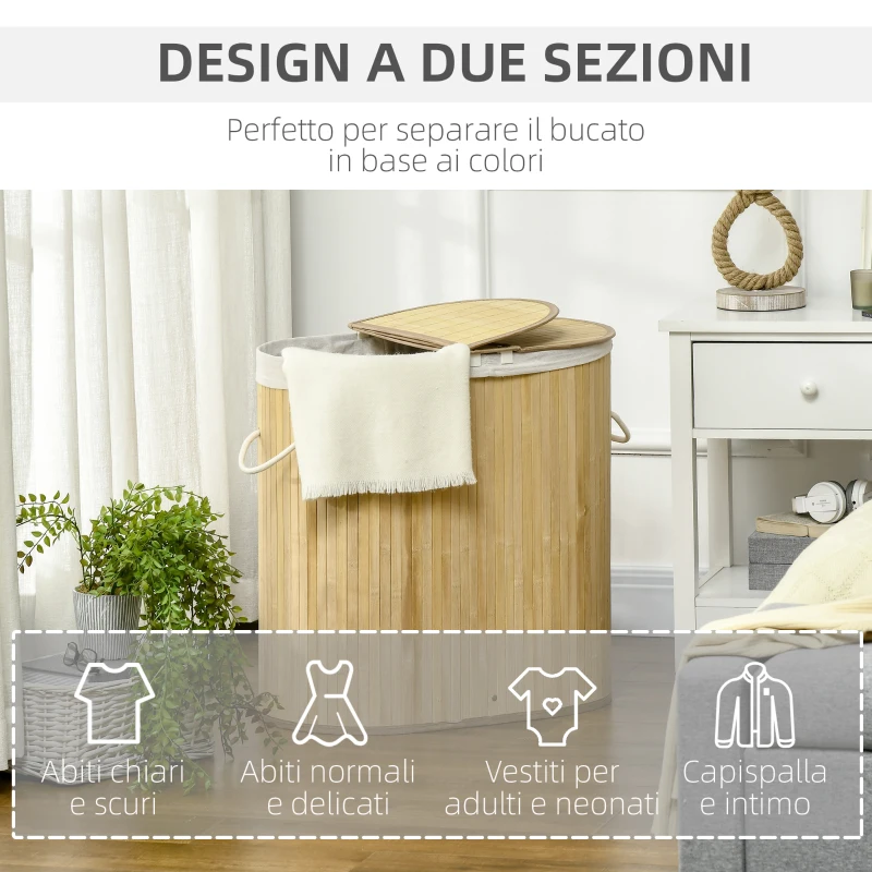 HOMCOM Cesto Portabiancheria a 2 Sezioni, 2 Coperchi e Capacità 100L con Sacca Interna Removibile, 62.5x37x60.5 cm