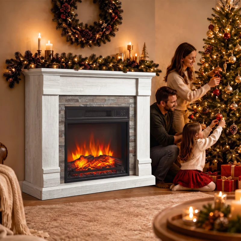HOMCOM Chimenea Eléctrica Decorativa 1800W con Efecto de Llama de 3 Brillos Termostato Temporizador Mando a Distancia Natural