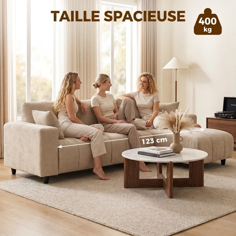 HOMCOM Canapé d'Angle Modulable 242 cm, Canapé 3 Places en L avec Méridienne Réversible, 2 Oreillers, Tissu Aspect Lin, Beige