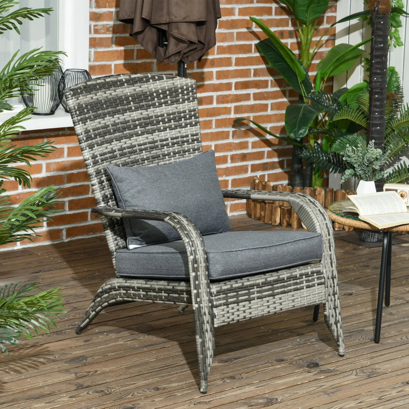 Outsunny Sedia da Giardino Adironrack con Braccioli, in Rattan e Acciaio, 64x80x90 cm, Grigio