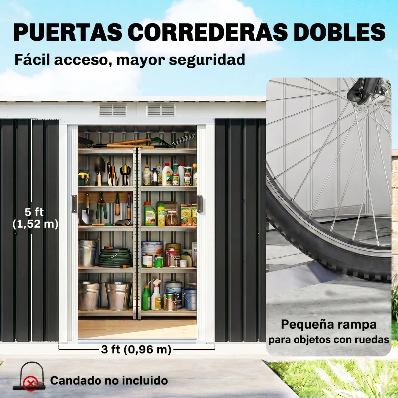 Outsunny Caseta de Exterior 280x130x172 cm Cobertizo de Jardín con Puertas Correderas Base y Ventilaciones Gris Oscuro