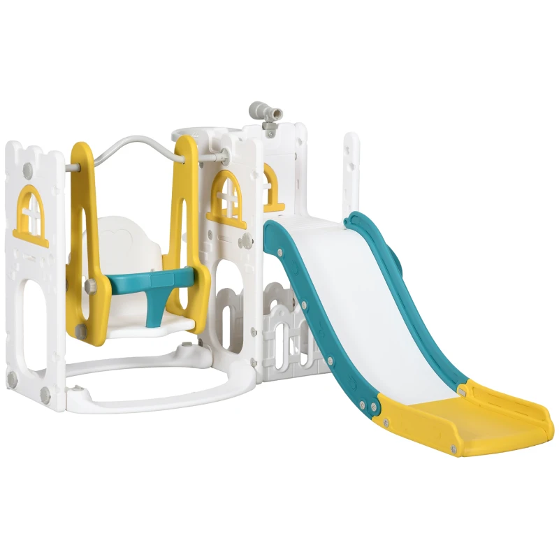 AIYAPLAY 6-in-1 Swing and Slide Set, Kids Playground with Basketball Hoop, Telescope, Storage Space - Yellow