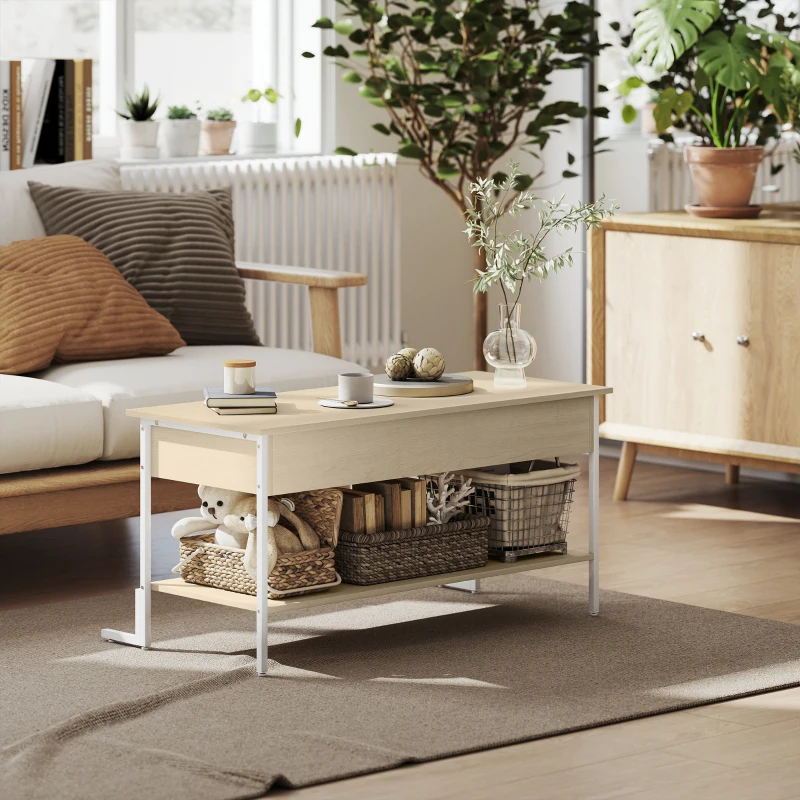 HOMCOM Mesa de Centro Elevable con Cierre Suave Espacio Oculto de Almacenaje y Estante Abierto 95x40x59 cm Natural y Blanco