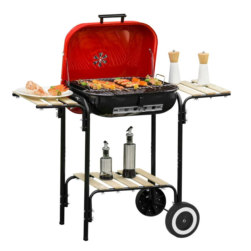 Outsunny Kohlegrill Grillwagen Grillstation Standgrill mit Windschutz 3 x Ablagefach Metall Rot 98 x 49 x 81 cm