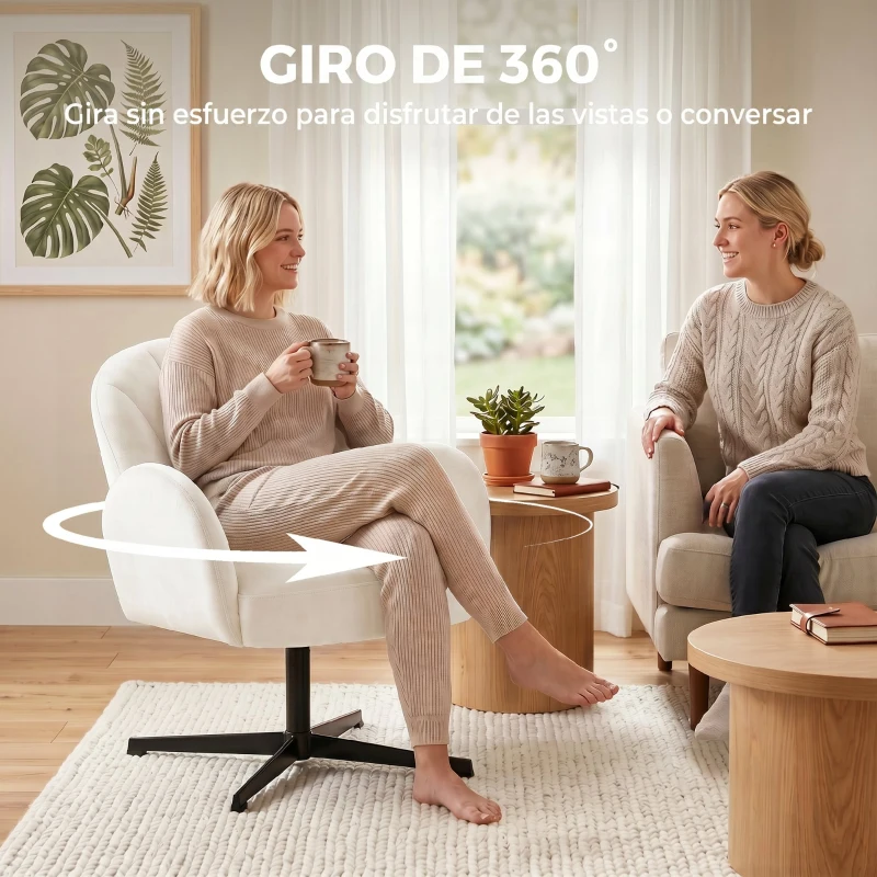 HOMCOM Sillón de Salón Giratorio Butaca de Salón Tapizada Terciopelo con Respaldo en Forma de Concha Cojín con Resortes Crema