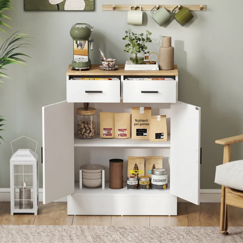 HOMCOM Credenza Moderna 2 Cassetti e Armadietto 2 Ante, Ripiano Interno Regolabile, Bianco e Legno