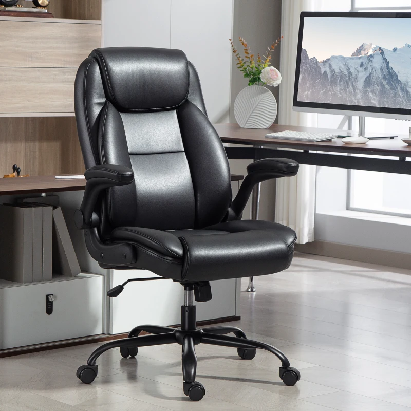 HOMCOM Cadeira de Escritório com Apoios de Braço Rebatíveis Cadeira Ergonômica Altura Ajustável Função de Balanço Preto