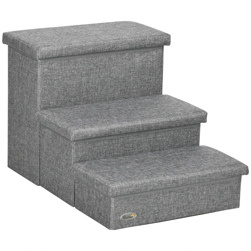 PawHut Escalera para Mascotas de 3 Peldaños Escalones para Perros Gatos con Espacio de Almacenamiento 63,5x42,5x40,5 cm Gris