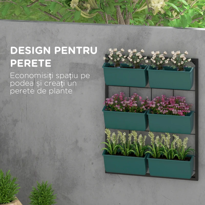 Outsunny Grădină Verticală de Perete pe 3 Niveluri cu 6 Ghivece, din Oțel și Plastic, 52x14x66 cm, Verde