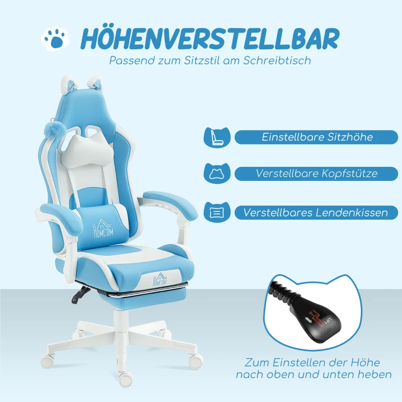 HOMCOM Gaming-Sessel mit Katzenohren, neigbare Lehne, ausziehbare Fußstütze, bis 120 kg belastbar, Seeblau