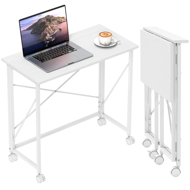 HOMCOM Schreibtisch mit Rollen Faltbarer Bürotisch mit Stahlgestell für Arbeitszimmer Schlafzimmer 80 x 40 x 75 cm Weiß