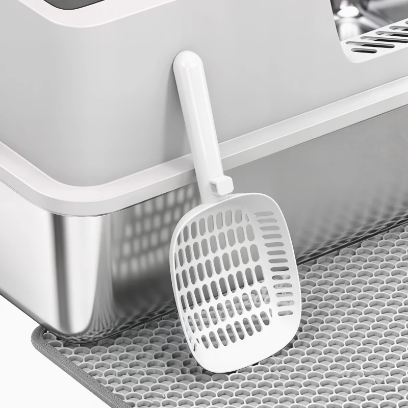 PawHut Bac Litière pour Chat en INOX Couvercle Bords Hauts Pelle et Tapis Anti-Adhérent Anti-Odeurs 60x40x30cm Gris Clair