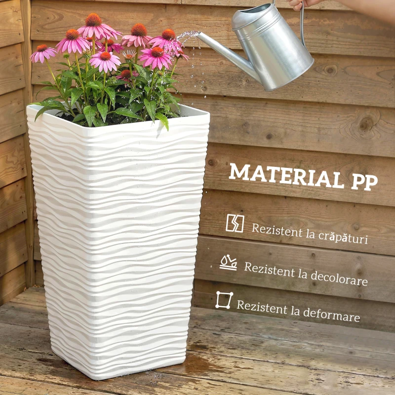 Outsunny Set 3 Ghivece de Exterior Suprapozabile cu Model Ondulat din Plastic, 42/55/65 cm, Alb