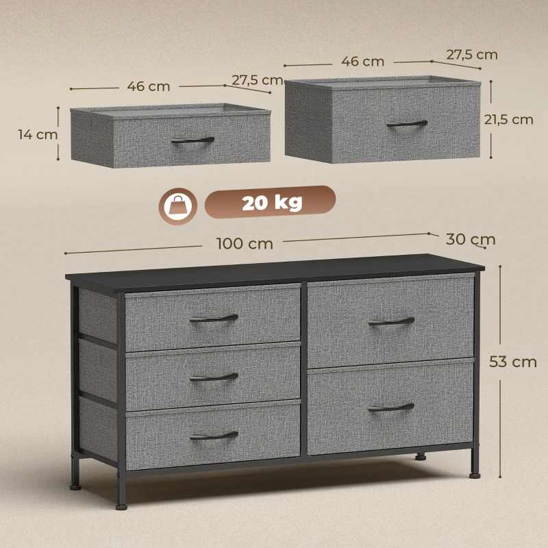 HOMCOM Cómoda con 5 Cajones de Tela Cómoda para Dormitorio Marco de Acero Cajonera para Salón Oficina Gris Oscuro y Negro