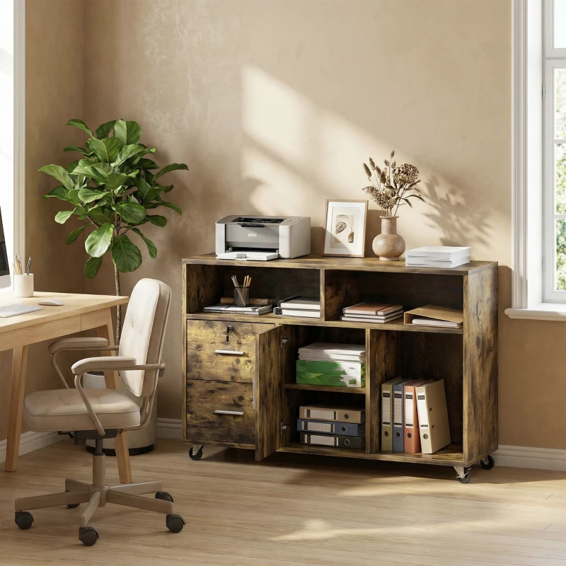 HOMCOM Dulap pentru Imprimantă pe Roți cu 2 Sertare cu Încuietoare, 3 Rafturi și Dulap, Dulap pentru Documente de Birou și Studio, 100x35x65 cm, Maro Rustic