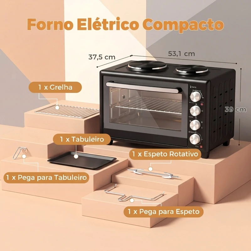 HOMCOM Forno Mini 36 L com 2 Placas de Cozedura Forno Elétrico de Bancada com Convecção 90–230 °C