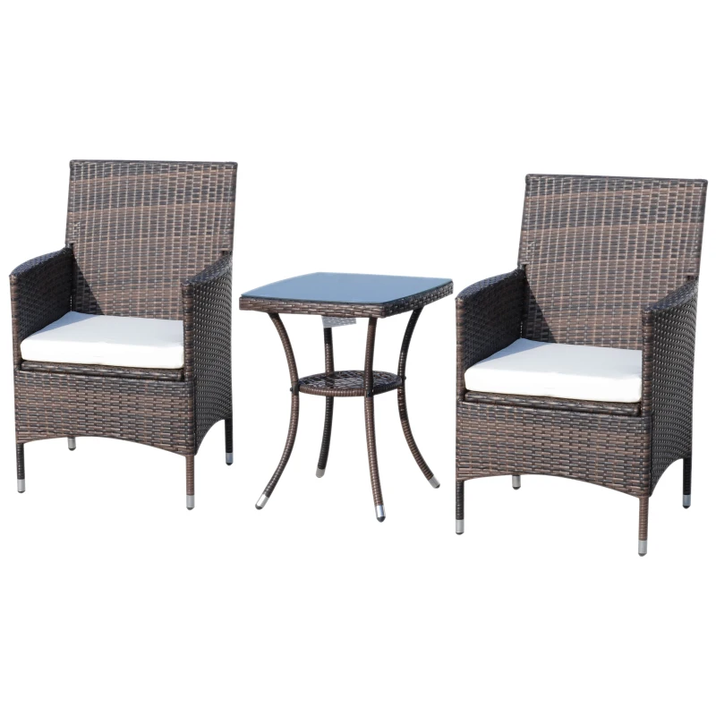 Outsunny Conjunto de Muebles para Jardín Juegos de Muebles de Ratán Incluye 1 Mesa y 2 Sillones con Cojines Estructura de Metal para Terraza Patio Marrón