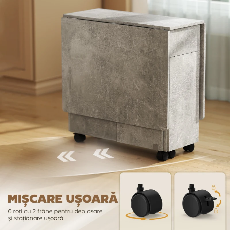 HOMCOM Masă de Bucătărie Pliabilă pe Roți cu 2 Sertare, 2 Uși și Dulap, din Lemn, 140x76x74 cm, Gri Ciment