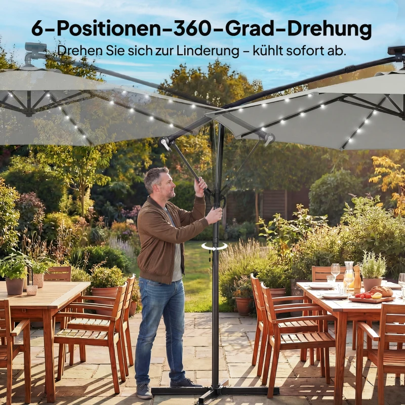 Outsunny Ampelschirm LED Solar ca. Ø300 cm Drehbar Sonnenschirm mit Kurbel Ständer Schutzhülle Hellgrau