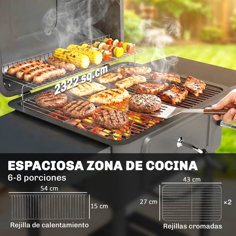 Outsunny Barbacoa de Carbón Portátil con Bandeja y Ventilación Ajustable Gran Parrilla Estantes Laterales Termómetro y Ruedas