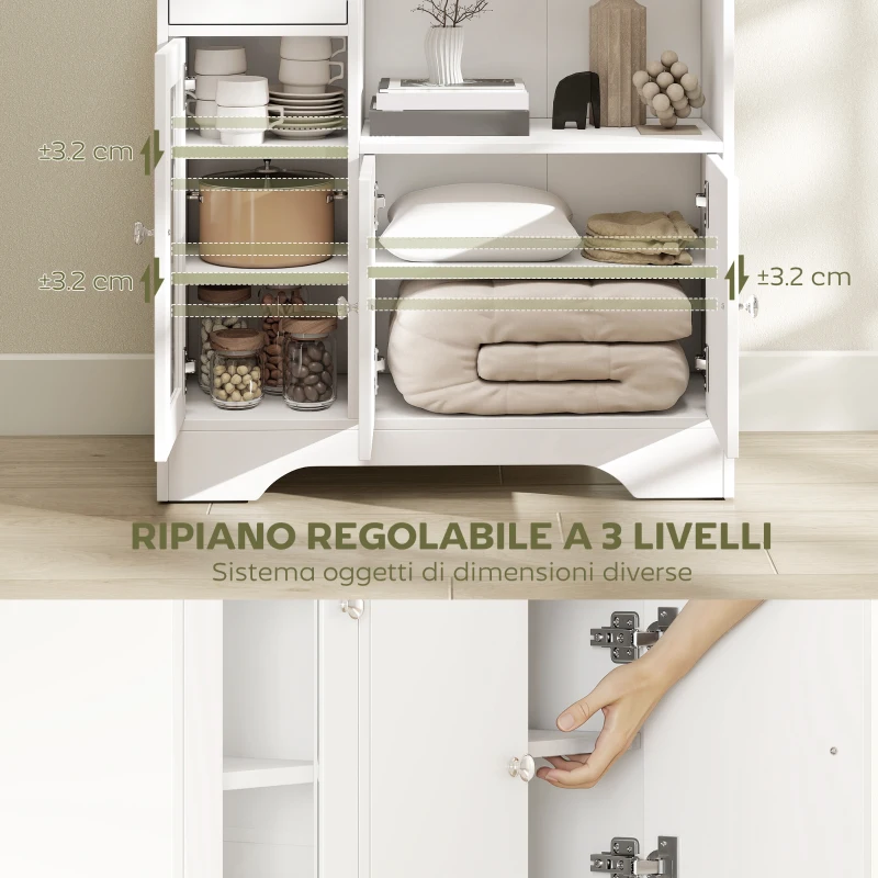 HOMCOM Credenza Buffet con Vano Aperto, Cassetto, 3 Ripiani e Armadietto a 2 Ante, in Legno, 80x30x82 cm, Bianco