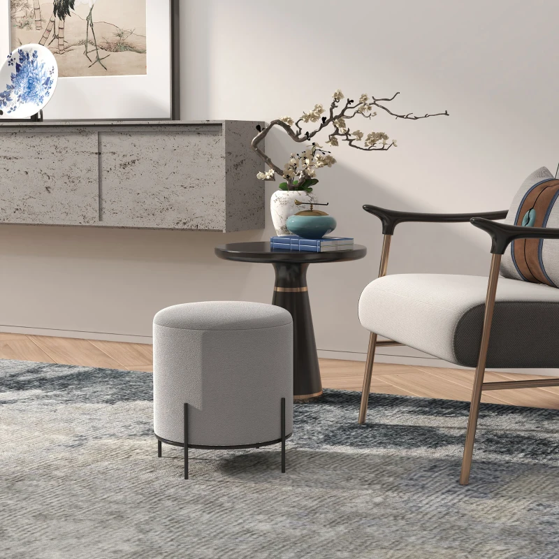 HOMCOM Pufe Otomano Banco Apoio para os Pés em Veludo com Pés em Aço para Sala Quarto Ø35x38 cm Cinza Claro